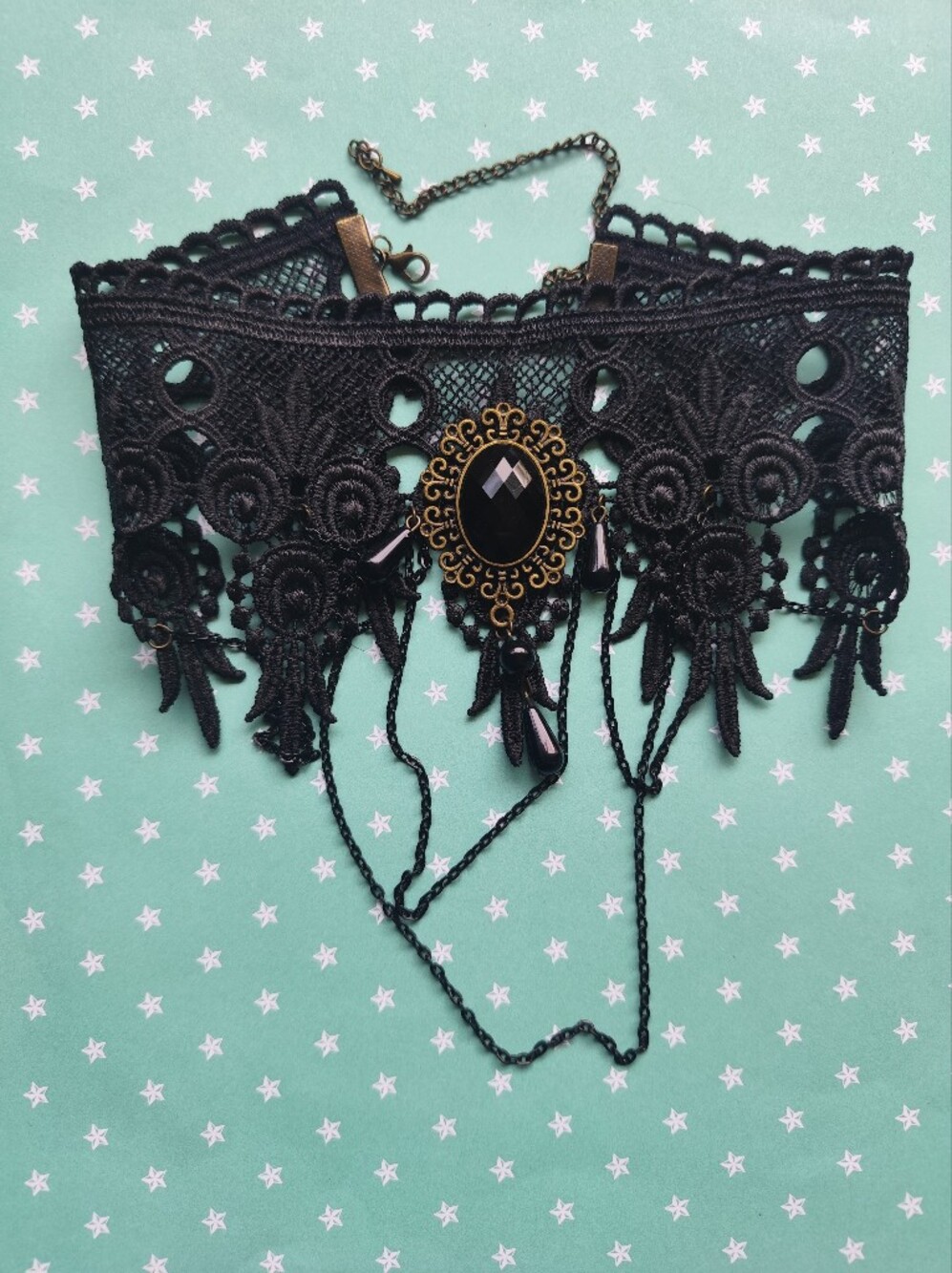 3/$25💙Victorian Black Lace Choker with Gem and Chain Trim - Picture 3 of 6